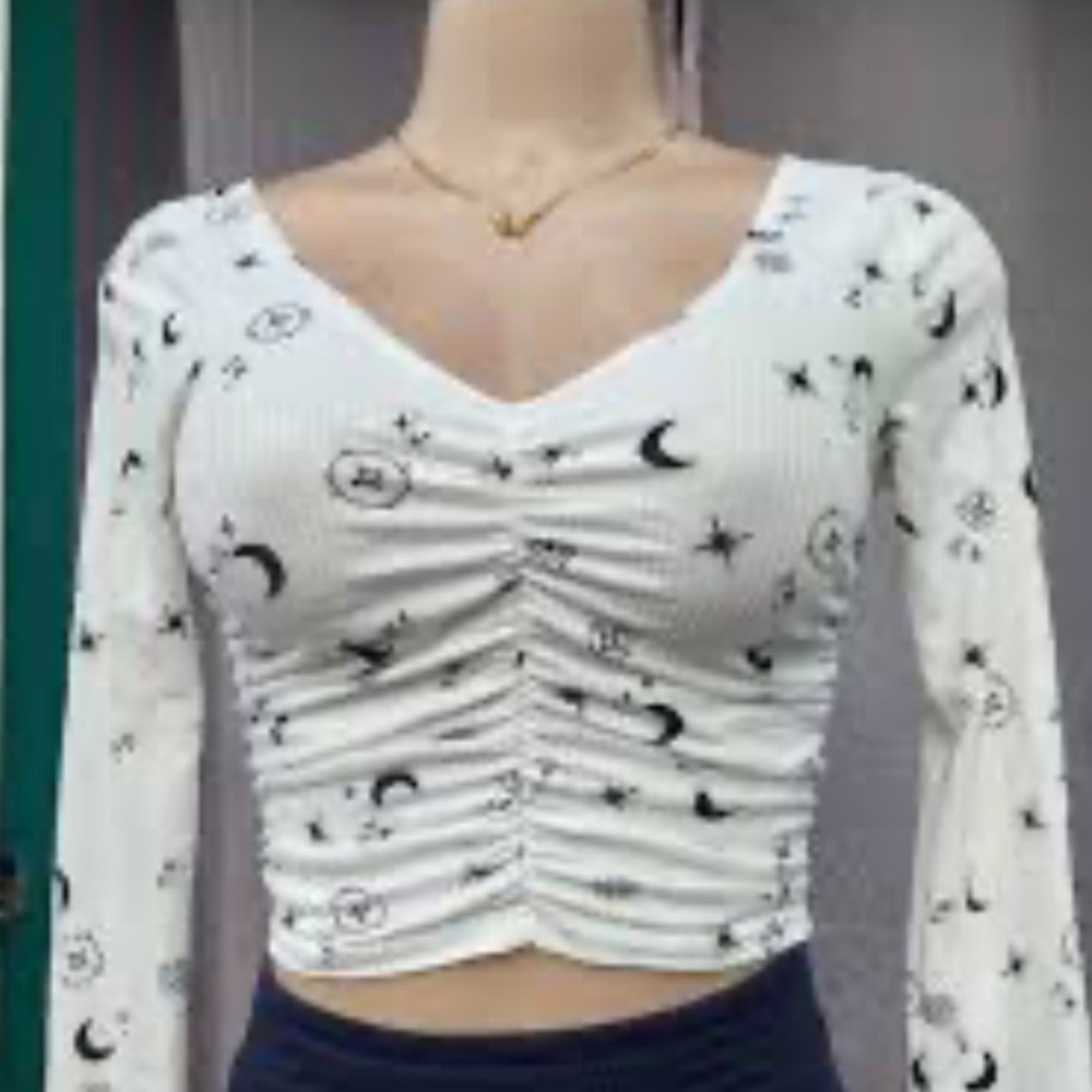 Celestial Moon and Star Ruched V-Neck Ribbed Long Sleeve Crop Top White